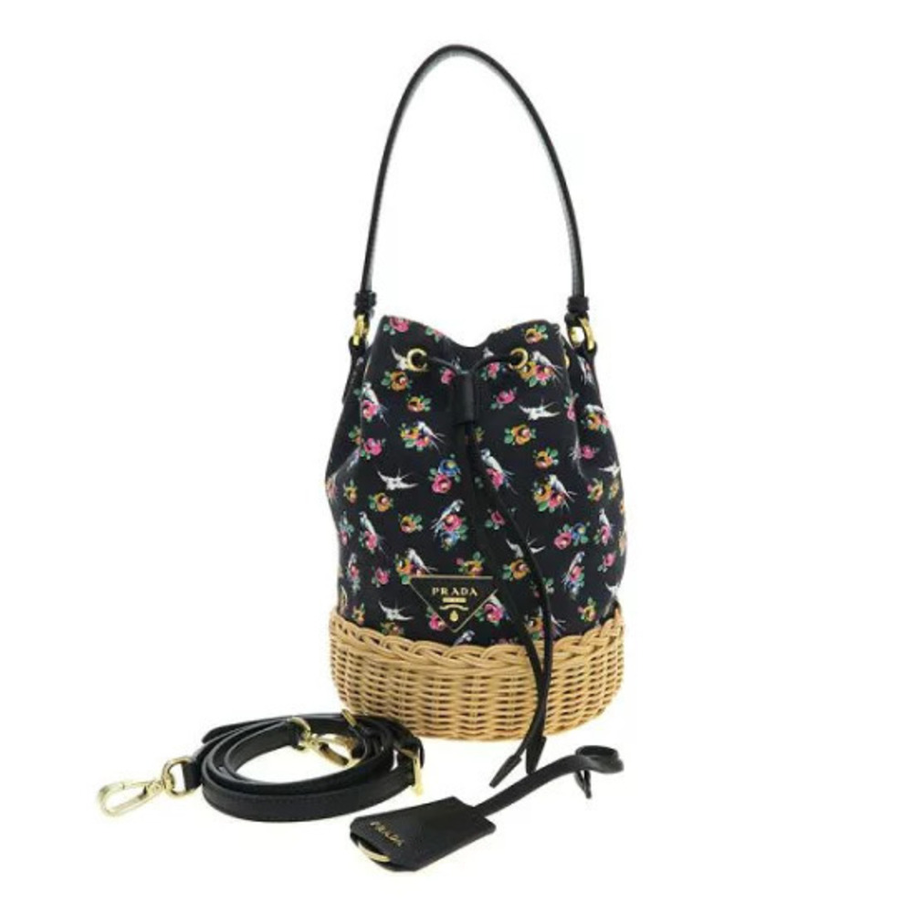 Prada Wicker Canvas Floral Flower Bucket Bag woven wicker black